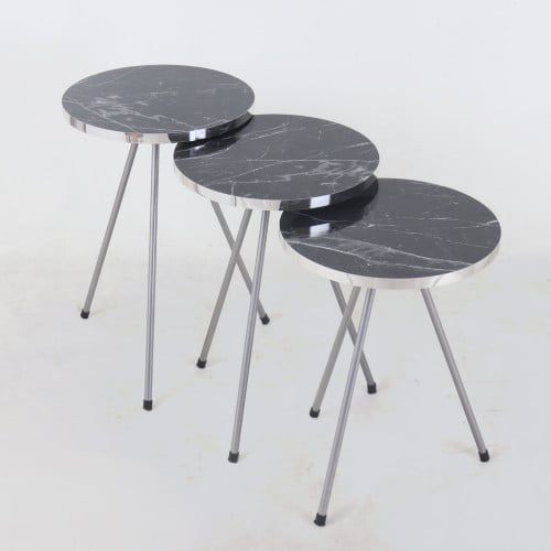 طقم طاولات خدمة - سطح خشبي أسود - قواعد حديد فضي