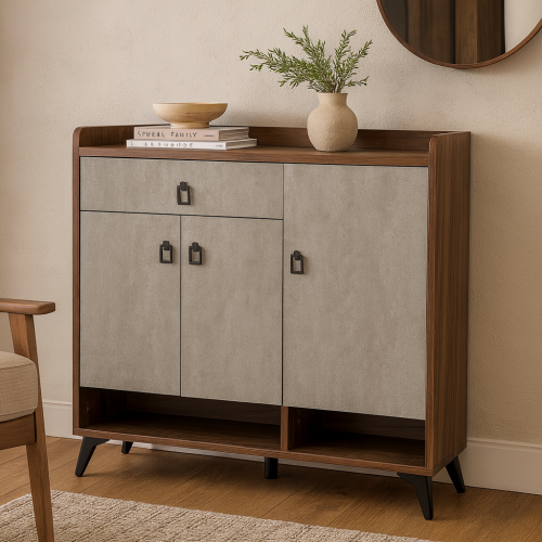 خزانة عصرية بواجهة رمادية وإطار خشبي وأدراج عملية.