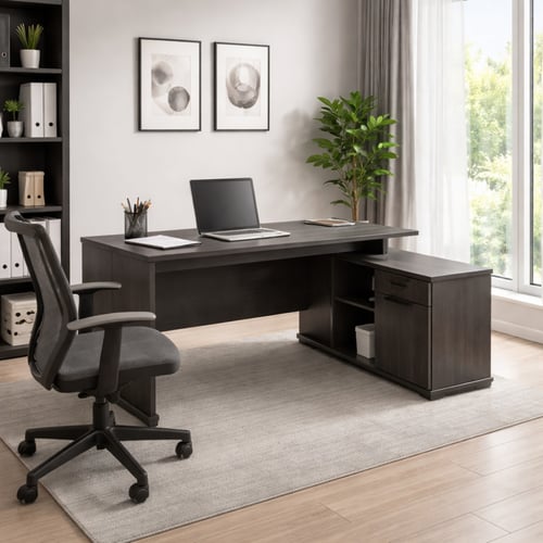 مكتب مكتبي بتصميم عصري أنيق باللون الرمادي يمنح مس...