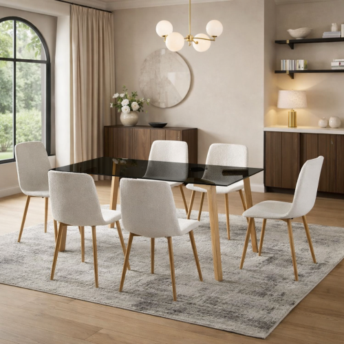 طقم طاولة طعام عصري بسطح زجاجي أسود لامع وأرجل خشب...