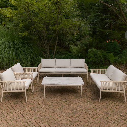 طقم جلسة خارجية 7 اشخاص بلون بيج هادئ بتصميم حبال...