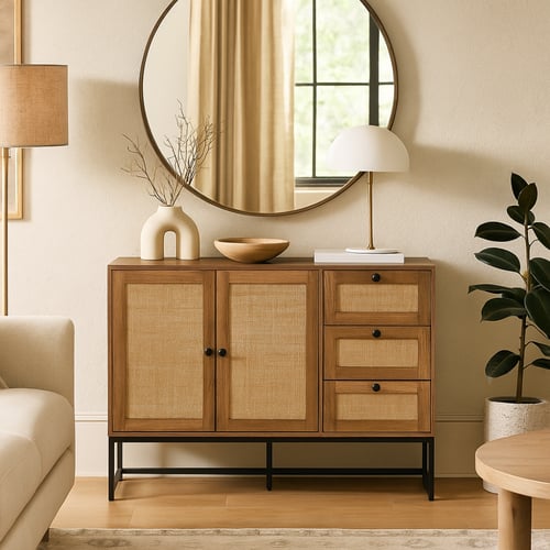 كونسول خشبي بتصميم عصري وأدراج متعددة، مثالي للتخز...