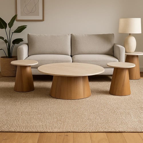طقم طاولات بتصميم دائري أنيق، يجمع بين اللون الخشب...