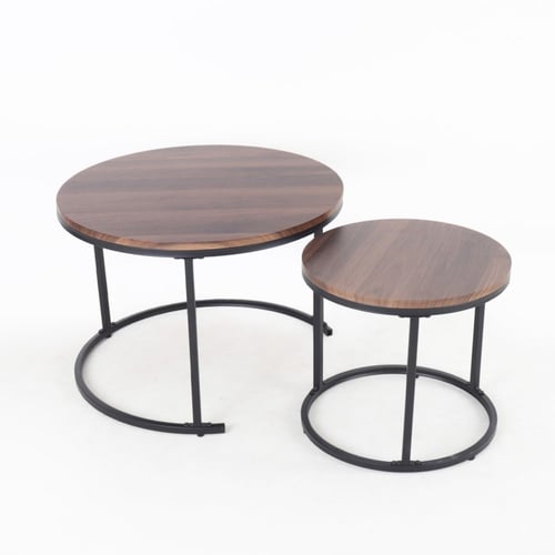 طقم طاولات قهوة وسط - سطح خشبي دائري - قواعد معدن