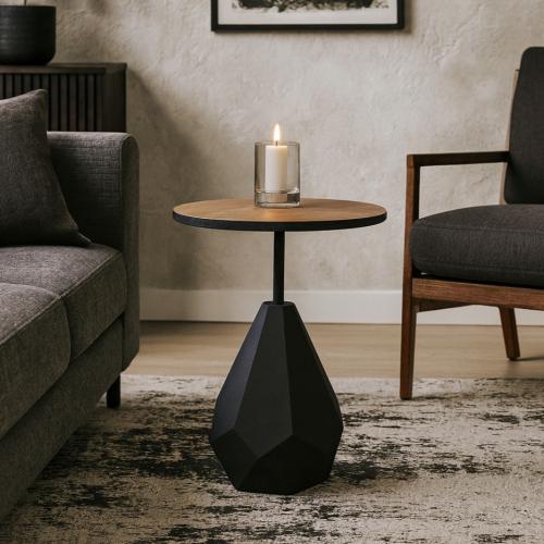 طاولة جانبية دائرية عصرية بسطح خشبي وقاعدة هندسية...