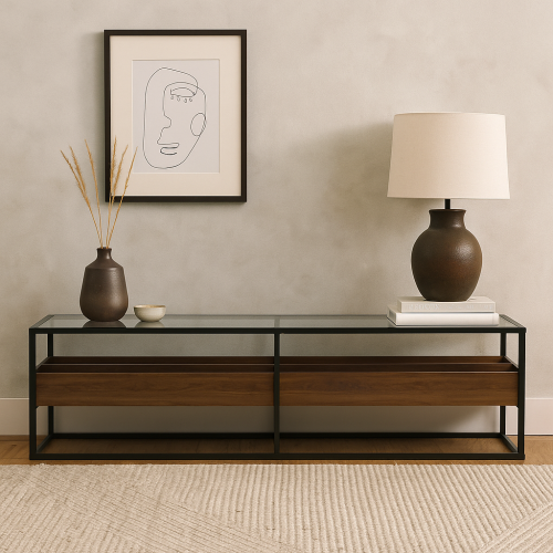 طاولة بلازما 180سم - سطح زجاج - مساحة تخزين خشب