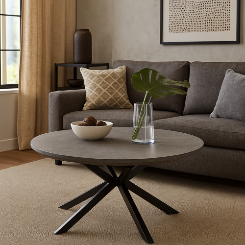 طاولة دائرية أنيقة بسطح رصاصي وقاعدة معدنية عصرية.