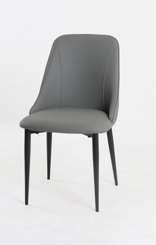 كرسي بتصميم ناعم ومبطن بجلد رمادي أنيق، وهيكل معدن...