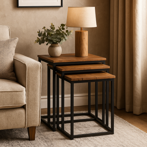 طقم 3 طاولات خدمة قواعد حديد - سطح خشب فاتح