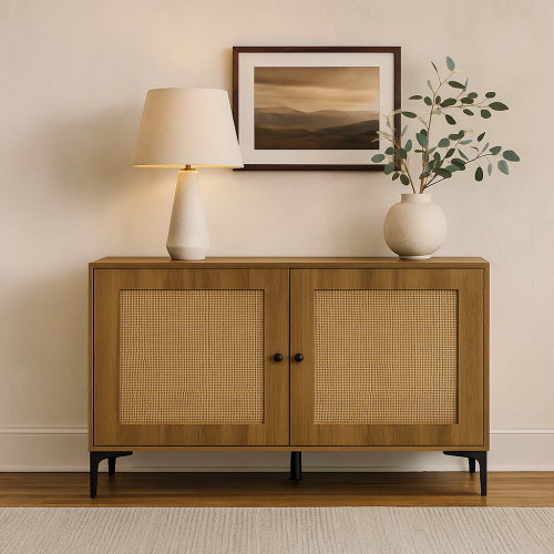 خزانة خشبية بأبواب من القش، تصميم بسيط ولمسة طبيعي...