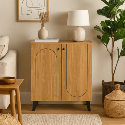 خزانة خشبية أنيقة بتصميم عصري وأرجل سوداء، مثالية...