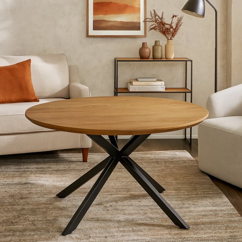 طاولة دائرية أنيقة بسطح خشبي وقاعدة معدنية عصرية.