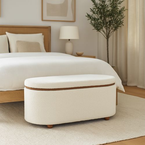مقعد تخزين بتصميم أنيق ومبطن بقماش ناعم بلون أبيض...