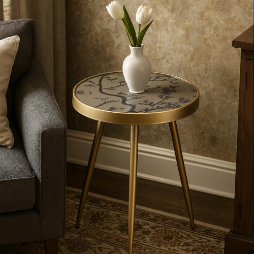 طاولة شاي دائرية أنيقة بتصميم عصري وأرجل متينة.