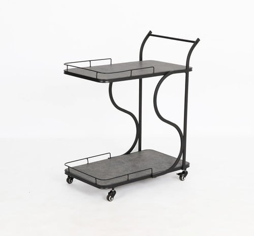 عربة تقديم لور بطبقتين معدني مع رفوف خشبية رمادي