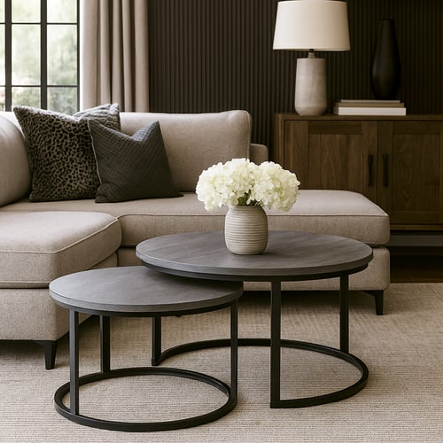 طقم طاولات خدمة أوربت - سطح دائري رمادي - قواعد مع...