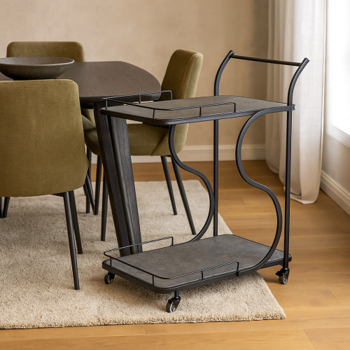 عربة تقديم لور بطبقتين معدني مع رفوف خشبية رمادي