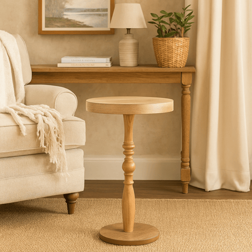 طاولة جانبية دائرية بتصميم خشبي أنيق وقاعدة منحوتة...