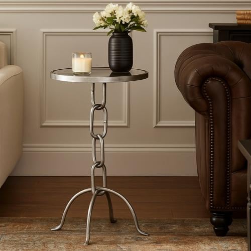 طاولة خدمة معدن فضي - سطح زجاج دائري