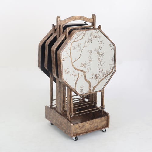 طقم طاولات خدمة ذات سطح زجاج + عربة متحركة .