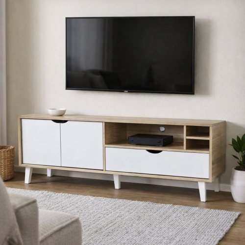 طاولة تلفزيون خشب ماليزي 150 سم لون بيج و أبيض