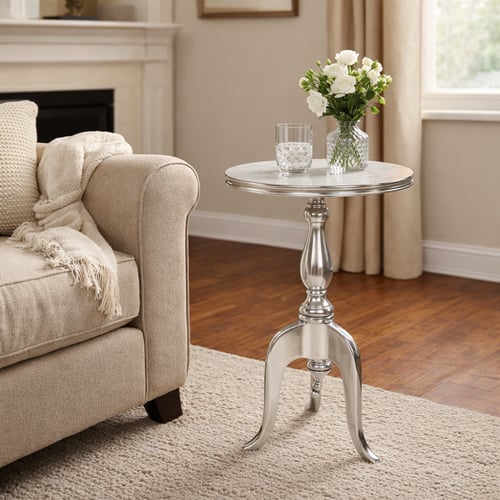 طاولة جانبية أنيقة بتصميم كلاسيكي ولمسة معدنية لام...