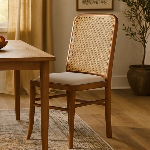 كرسي خشبي بتصميم كلاسيكي وظهر من القش، يضفي لمسة د...