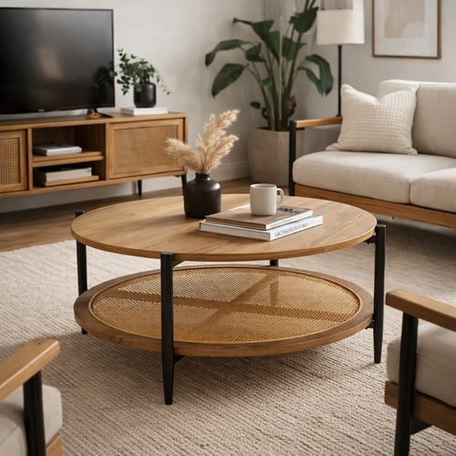 طاولة قهوة دائرية بتصميم عصري، سطح خشبي أنيق مع رف...
