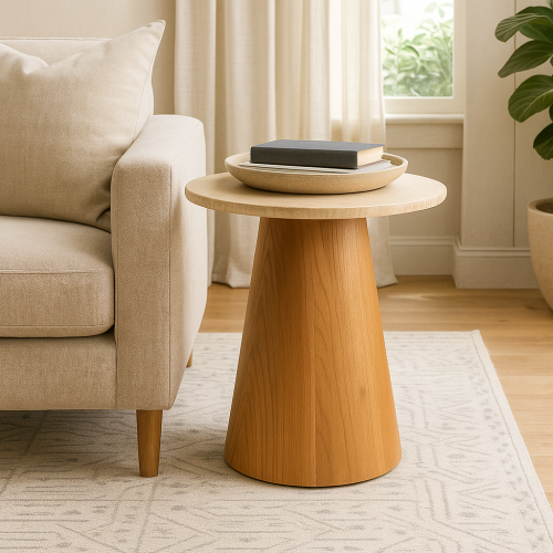 طاولة قهوة دائرية أنيقة بلون بني طبيعي، بتصميم عصر...