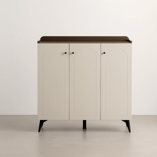 خزانة بتصميم عصري بلون بيج مع حواف خشبية داكنة، وأ...