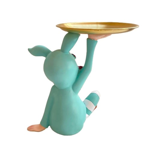 مجسم قزم ديكوري بلون ازرق يحمل صينية ذهبية أنيقة.