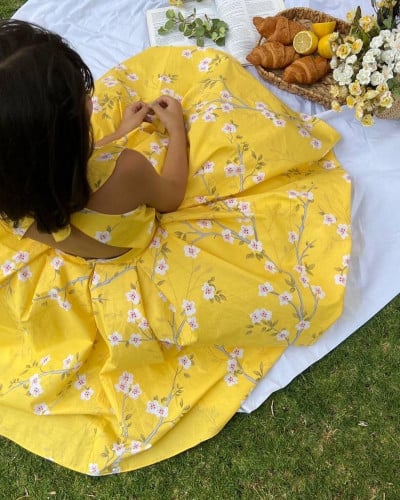 فستان أصفر مورد ، قماش قطن 100%