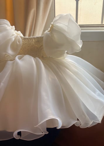 فستان انيق سكري اكمام بوف