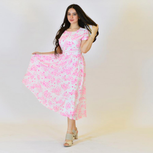 Dress with a hair ribbon and mask in pink flower c...