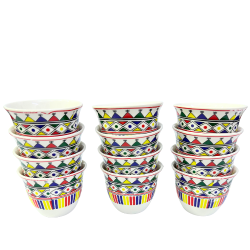 فنجيال قهوة عربية نقش عسيري طقم 12 قطع مقاس صغير