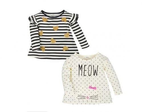 2 تي شيرت بناتي اكمام Meow+ Black strips من القطن...