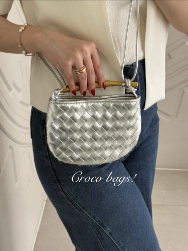Mini Woven Metallic Handle Bag -silver