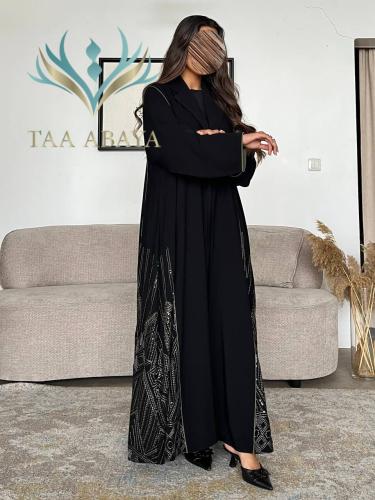 Crepe special abaya with embroidery and sequined embellishment, A-line cut