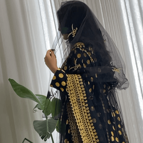 طرحة تل أسود سيفين ونخلة ذهبي وزيتي اخضر .