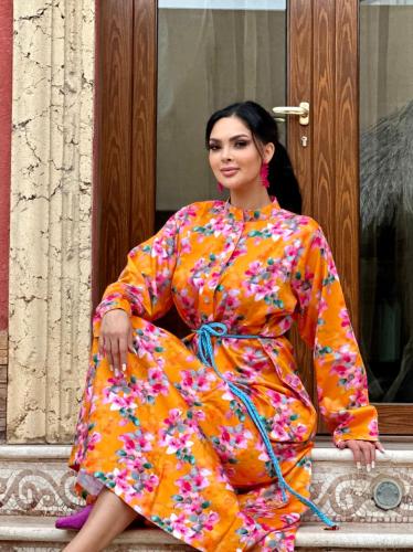 قفطان مغربي برتقالي مشجر برباط فيروزي