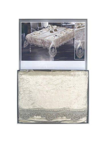 مفرش طاولة سفرة روز مخمل دانتيل 10 كراسي