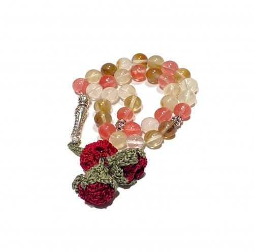 سبحة عقيق ملون بشرشوبة ورود كروشية يدوي