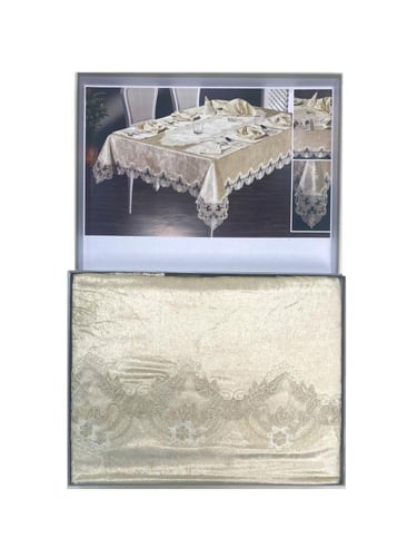 مفرش طاولة سفرة دنيز مخمل دانتيل 14 كرسي