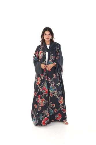 عباية حرير الورود اسود١