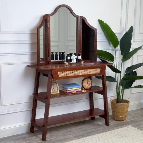 مرآة النافذة + طاولة خشبية بـ 3 رفوف