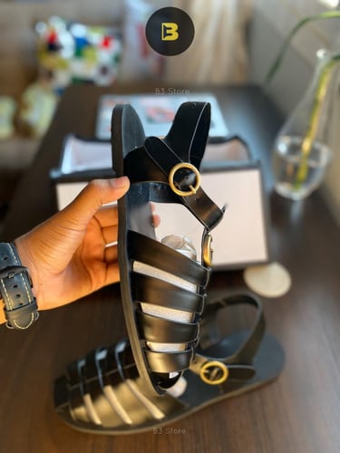 G Men's Black Rubber Buckle Strap Sandals