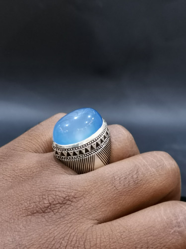 خاتم الفضة بحجر عقيق خرساني ايراني أزرق بصياغة الخ...