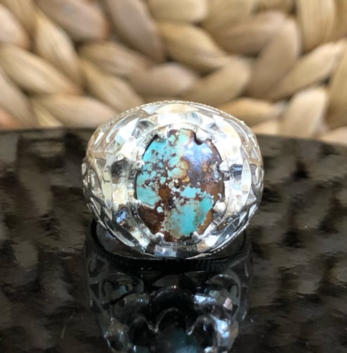 خاتم الفضة بحجر الفيروز الإيراني نشابوري أصلي صياغ...