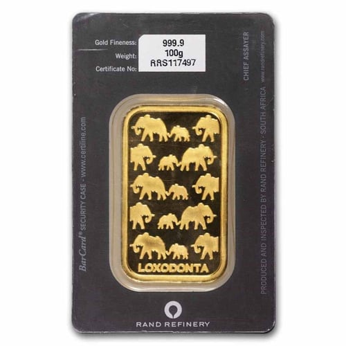 سبيكة ذهب راند الفيل الأفريقي عيار 24 بوزن 100 غرا...