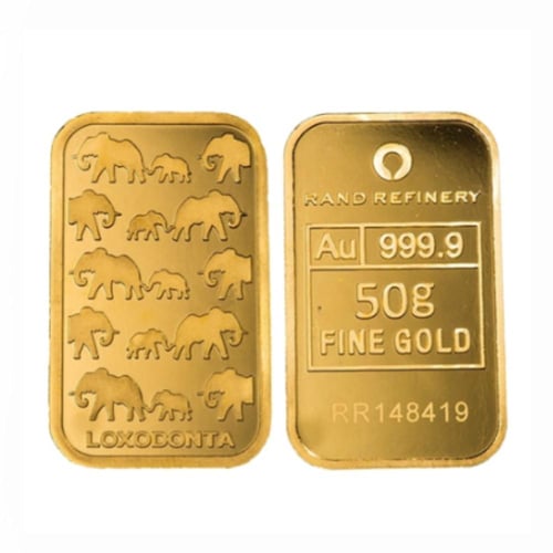 سبيكة ذهب راند الفيل الأفريقي عيار 24 بوزن 50 غرام